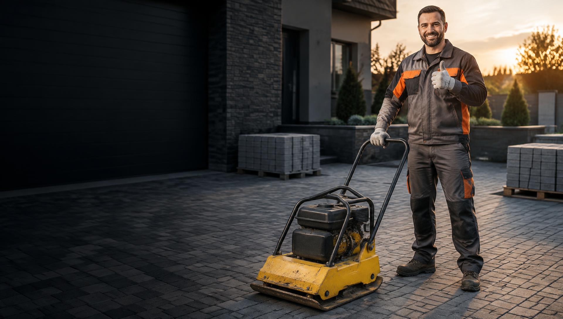Pracownik z zagęszczarką płytową — wynajem sprzętu MRP Dark Rental